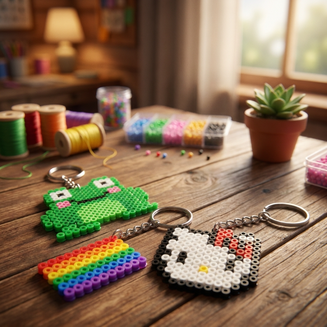 Chaveiros Hama Beads personalizados em mesa de artesanato